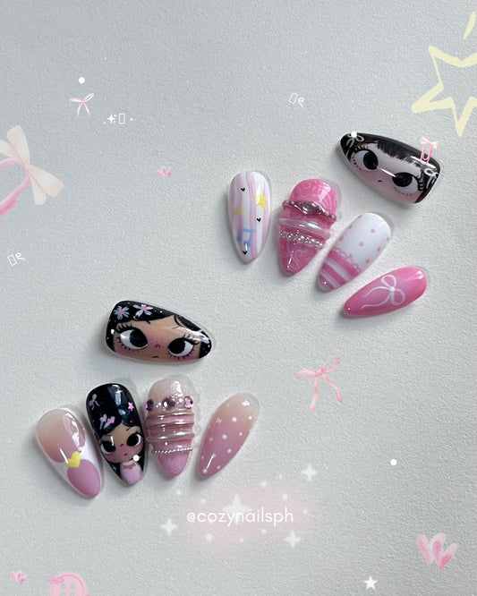 Doll nails | polka dots | bangle themed | laces nails by cozynailsph
