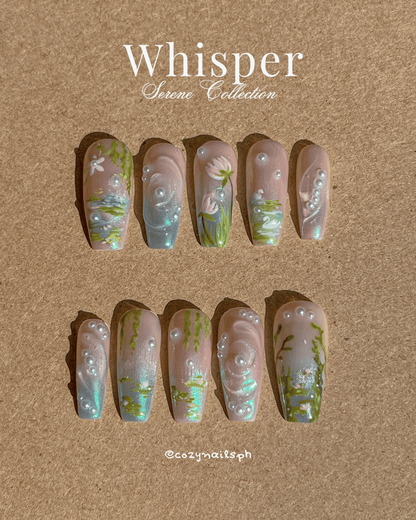 WHISPER- water lilies, leaves, nature, and pearl press-ons