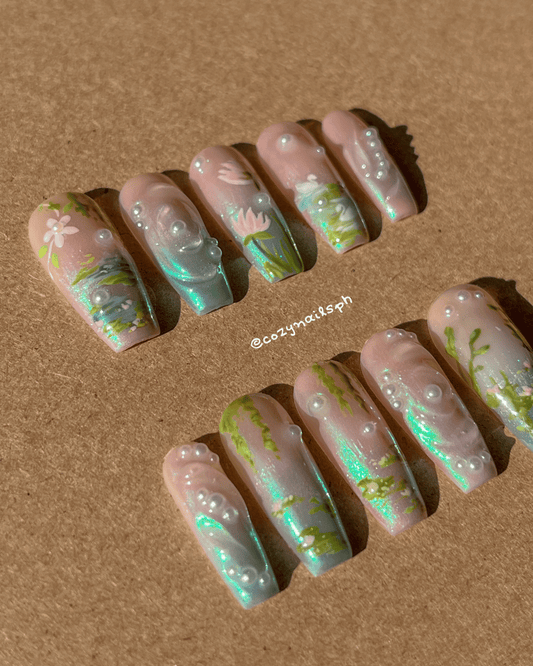 WHISPER- water lilies, leaves, nature, and pearl press-ons