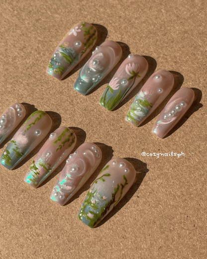 WHISPER- water lilies, leaves, nature, and pearl press-ons