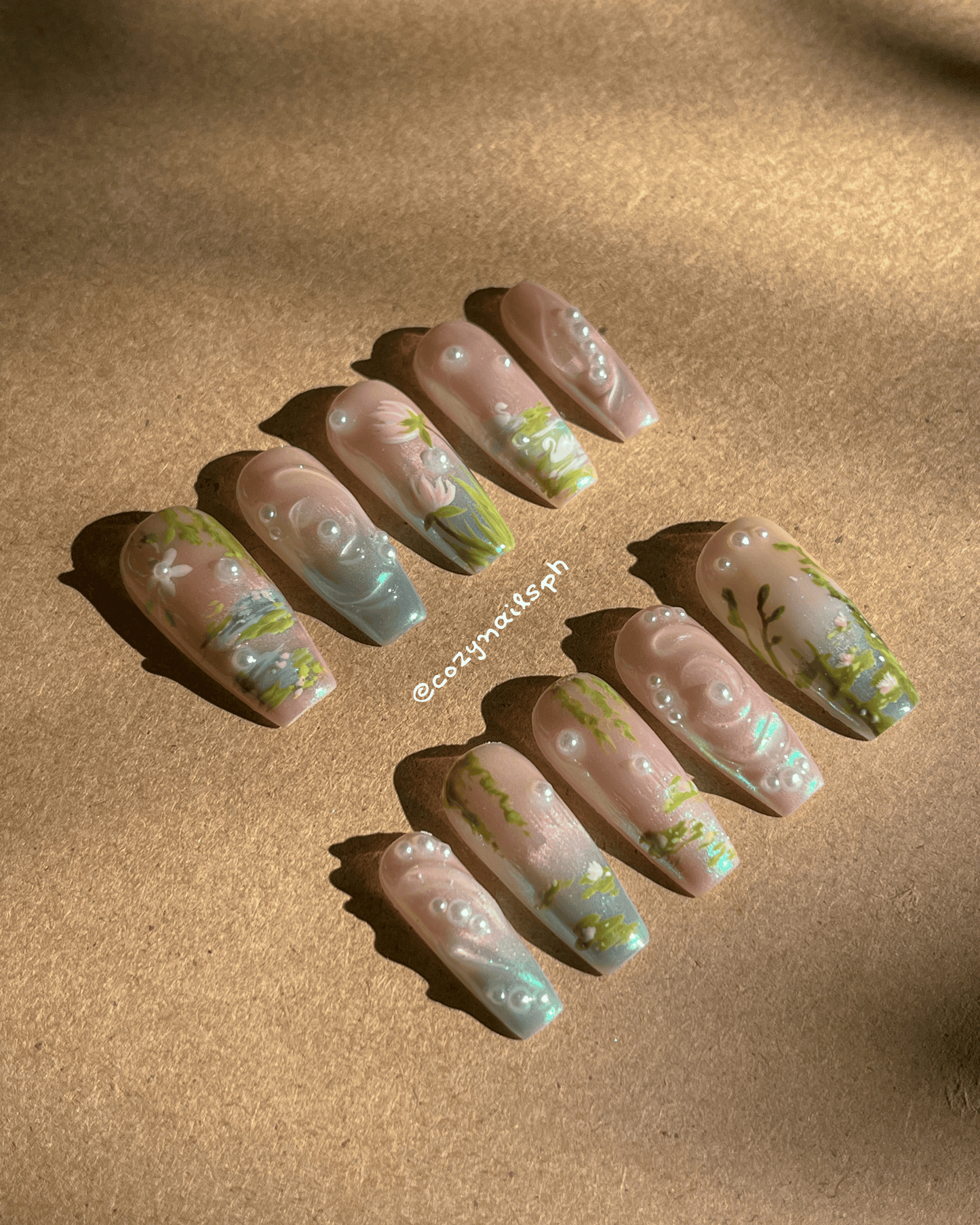 WHISPER- water lilies, leaves, nature, and pearl press-ons