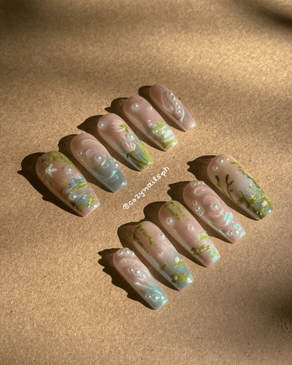 WHISPER- water lilies, leaves, nature, and pearl press-ons