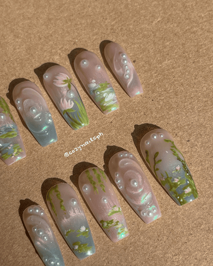 WHISPER- water lilies, leaves, nature, and pearl press-ons