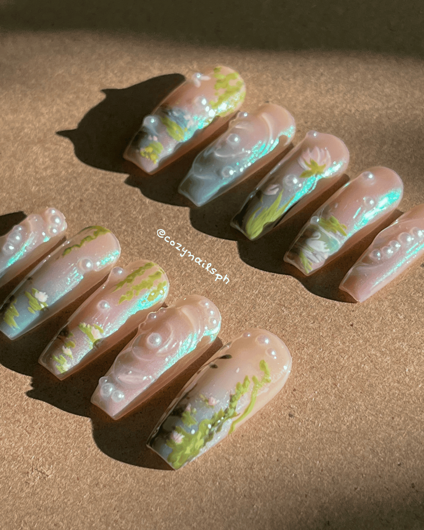 WHISPER- water lilies, leaves, nature, and pearl press-ons
