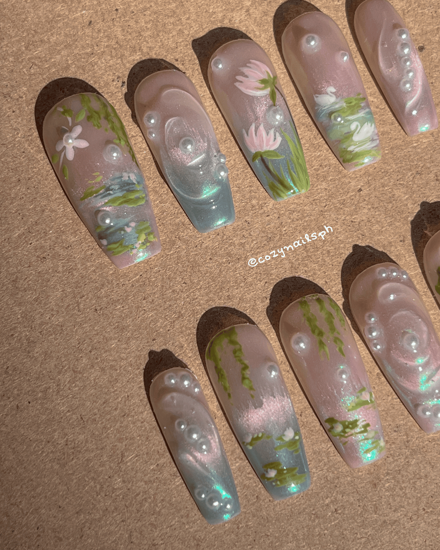WHISPER- water lilies, leaves, nature, and pearl press-ons