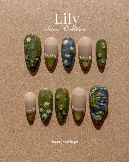 LILY - waterlilies, monet-inspired painting, rain and wet aesthetic press-ons