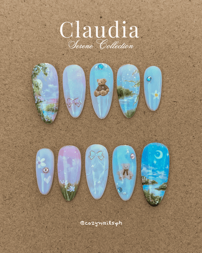 CLAUDIA - clouds, sky, bear, sunset, floral themed press-ons