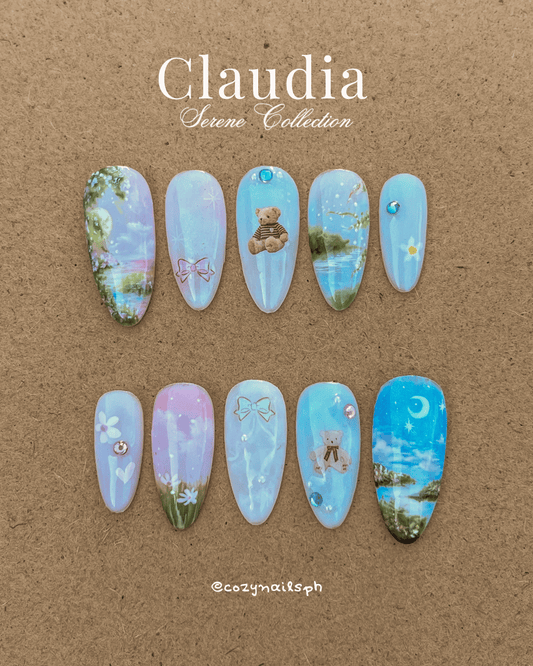 CLAUDIA - clouds, sky, bear, sunset, floral themed press-ons