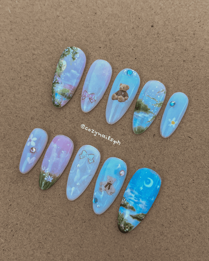 CLAUDIA - clouds, sky, bear, sunset, floral themed press-ons