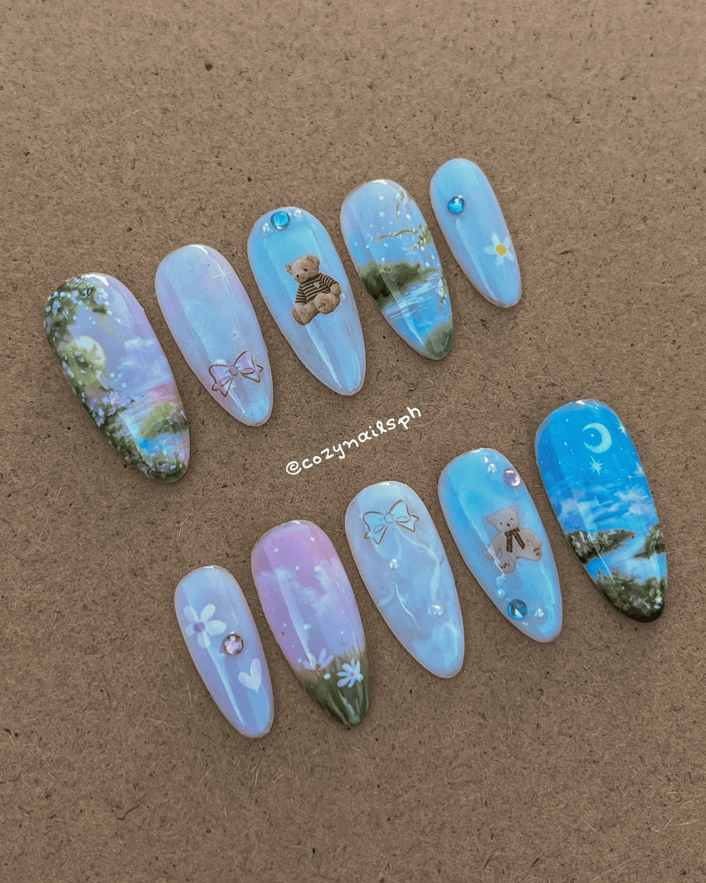 CLAUDIA - clouds, sky, bear, sunset, floral themed press-ons