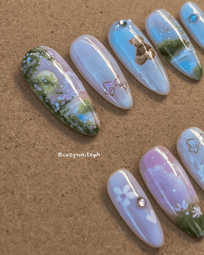 CLAUDIA - clouds, sky, bear, sunset, floral themed press-ons