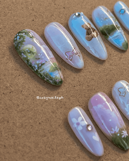 CLAUDIA - clouds, sky, bear, sunset, floral themed press-ons