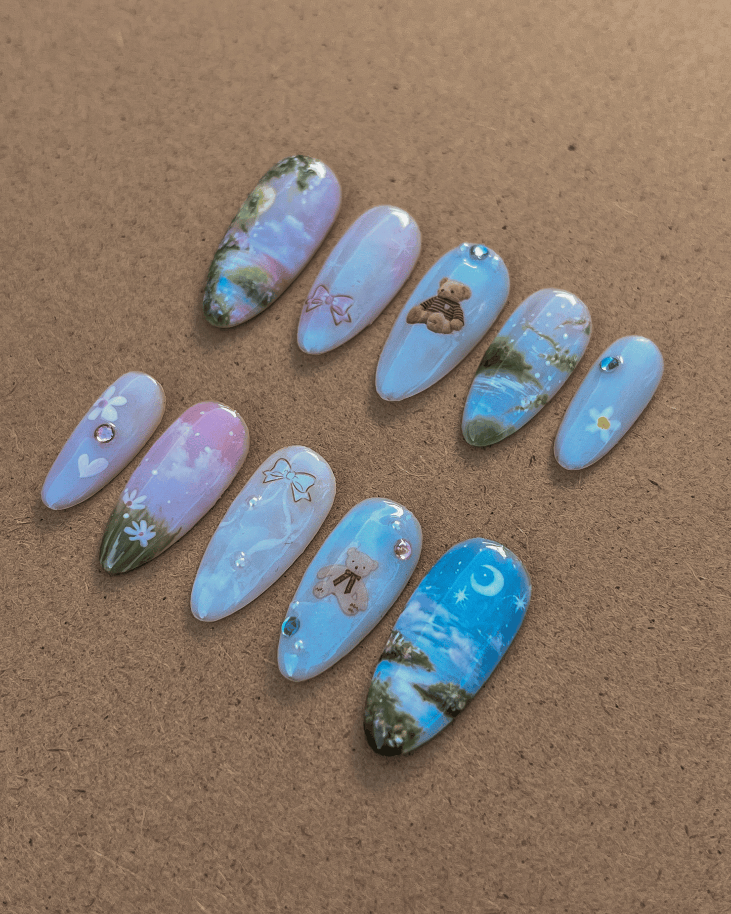 CLAUDIA - clouds, sky, bear, sunset, floral themed press-ons