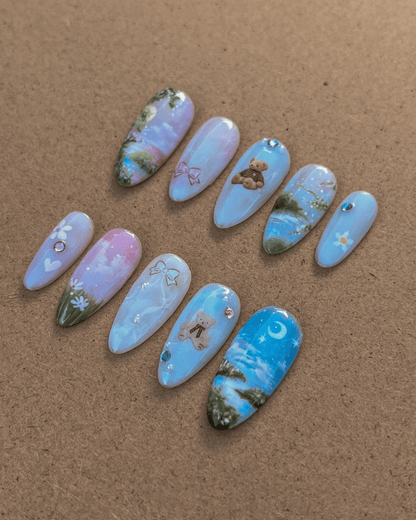 CLAUDIA - clouds, sky, bear, sunset, floral themed press-ons
