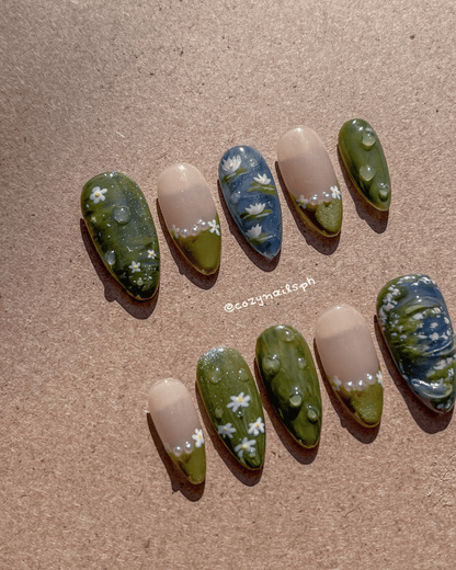 LILY - waterlilies, monet-inspired painting, rain and wet aesthetic press-ons