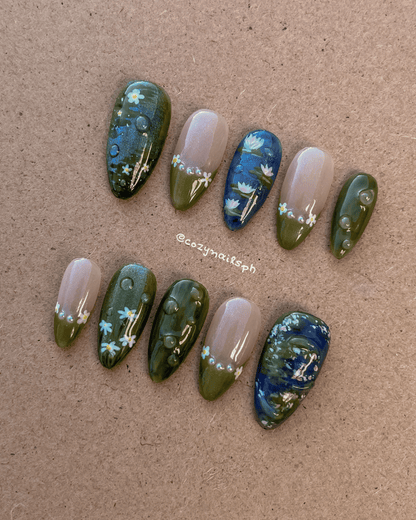 LILY - waterlilies, monet-inspired painting, rain and wet aesthetic press-ons