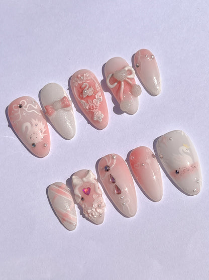 PINK SWAN - elegant, feminine, coquette themed press-on nails